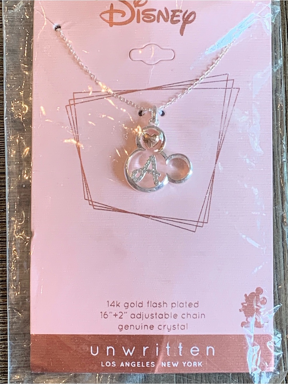 Disney Silver Minnie Initial 'A' Pendant Necklace on Pink Card